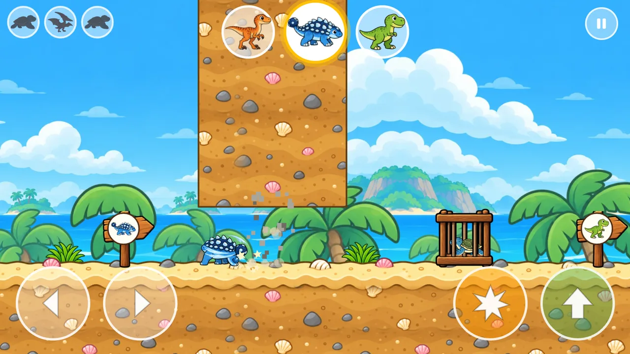 The T-Rex on a sunny beach next to a caged baby dinosaur