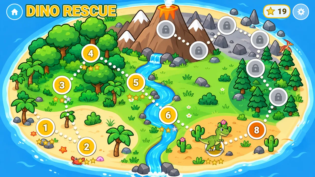 The island map showing all seven lands