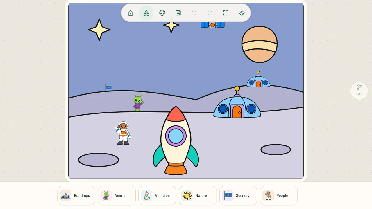 The space scene filled with a rocket, astronaut and alien
